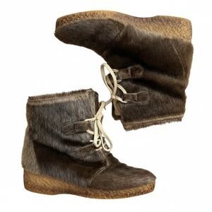Pajar | Brown Genuine Seal Fur Wedge Lace Up Short Winter Boots Shearling Lining